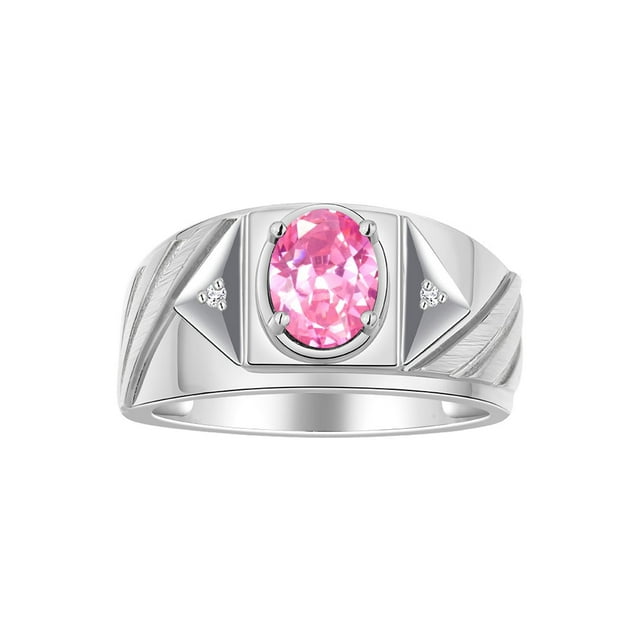 RYLOS Men's Rings Sterling Silver Rings Classic Designer Style 8X6MM Oval Gemstone & Diamond Ring Pink Ice Birthstone Rings For Men Size 10
