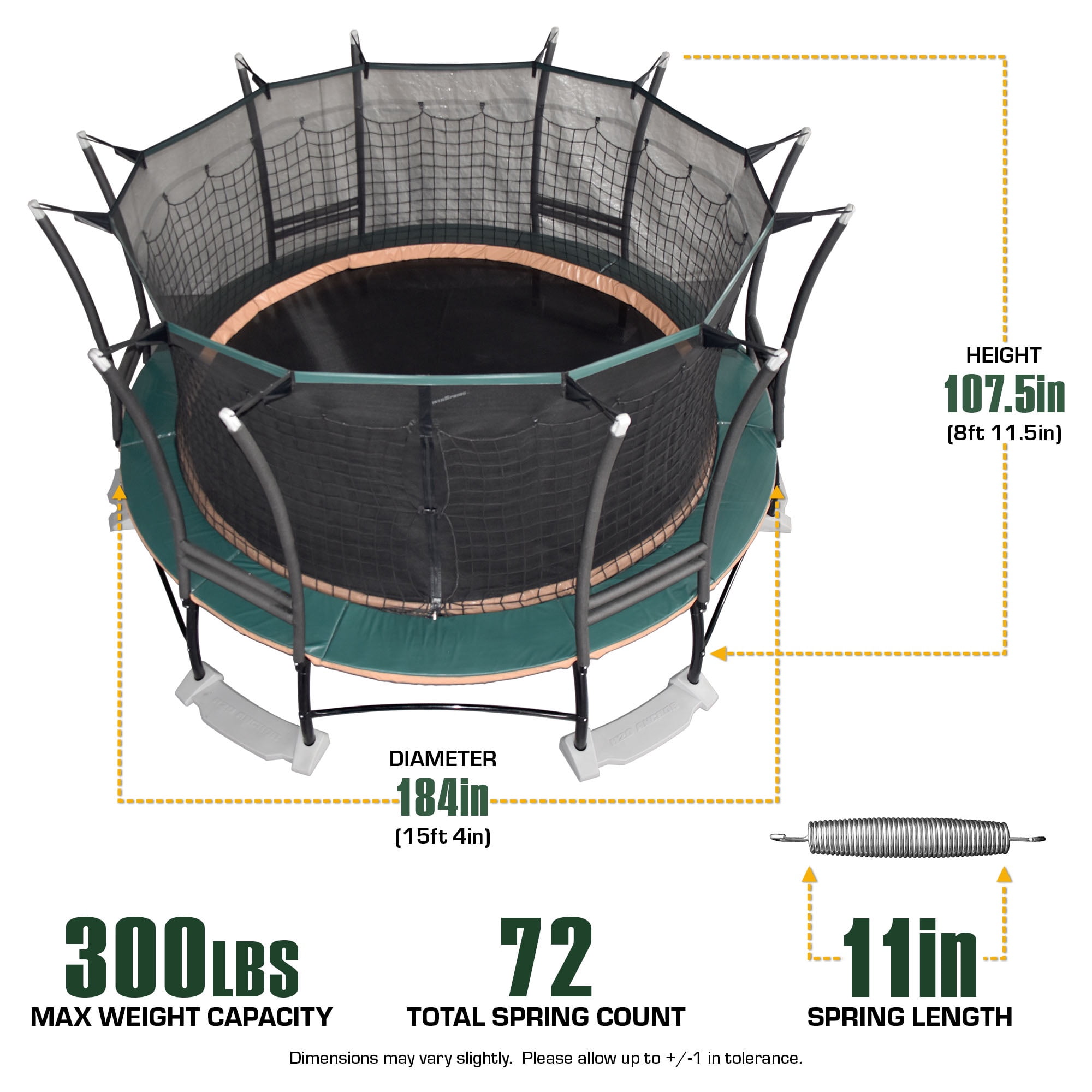 PowerSpring PS1600 16ft Round Outdoor Trampoline with Double Safety Enclosure Net, 11in Galvanized Springs & Water Anchor System, 300 LBS Max Weight Capacity