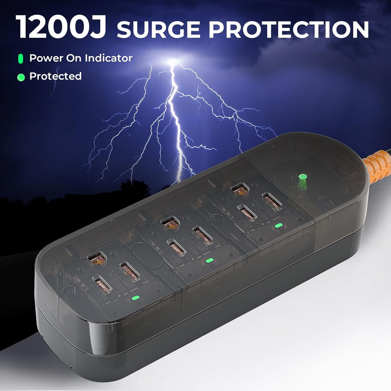 Waterproof Power Strip, 5 Pack Transparent Surge Protector with 3 Wide Outlets, 1875W/15A, 5FT Flat Plug Outdoor Extension Cord, IPX6 Rated for Indoor/Outdoor Use, UL & FCC Listed