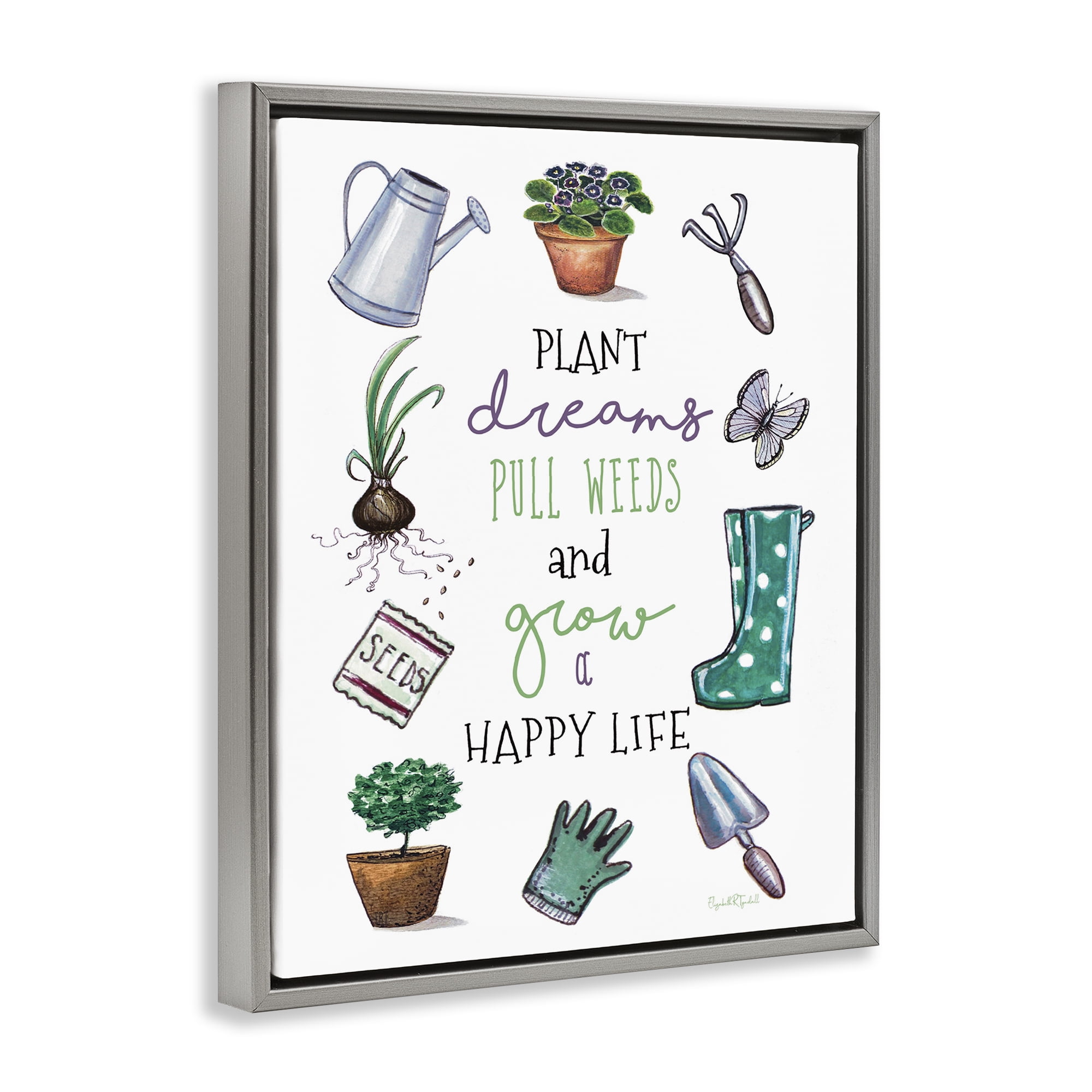 Stupell Industries Grow a Happy Life Botanical & Floral Painting Gray Floater Framed Art Print Wall Art, 25 x 31
