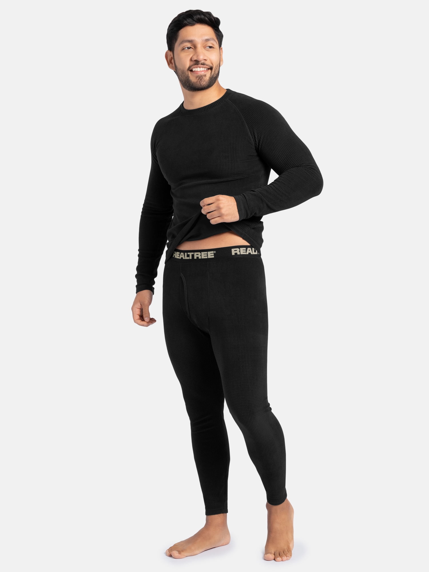 Realtree Men's Waffle Grid Fleece Base Layer Thermal Bottom, Black, XL