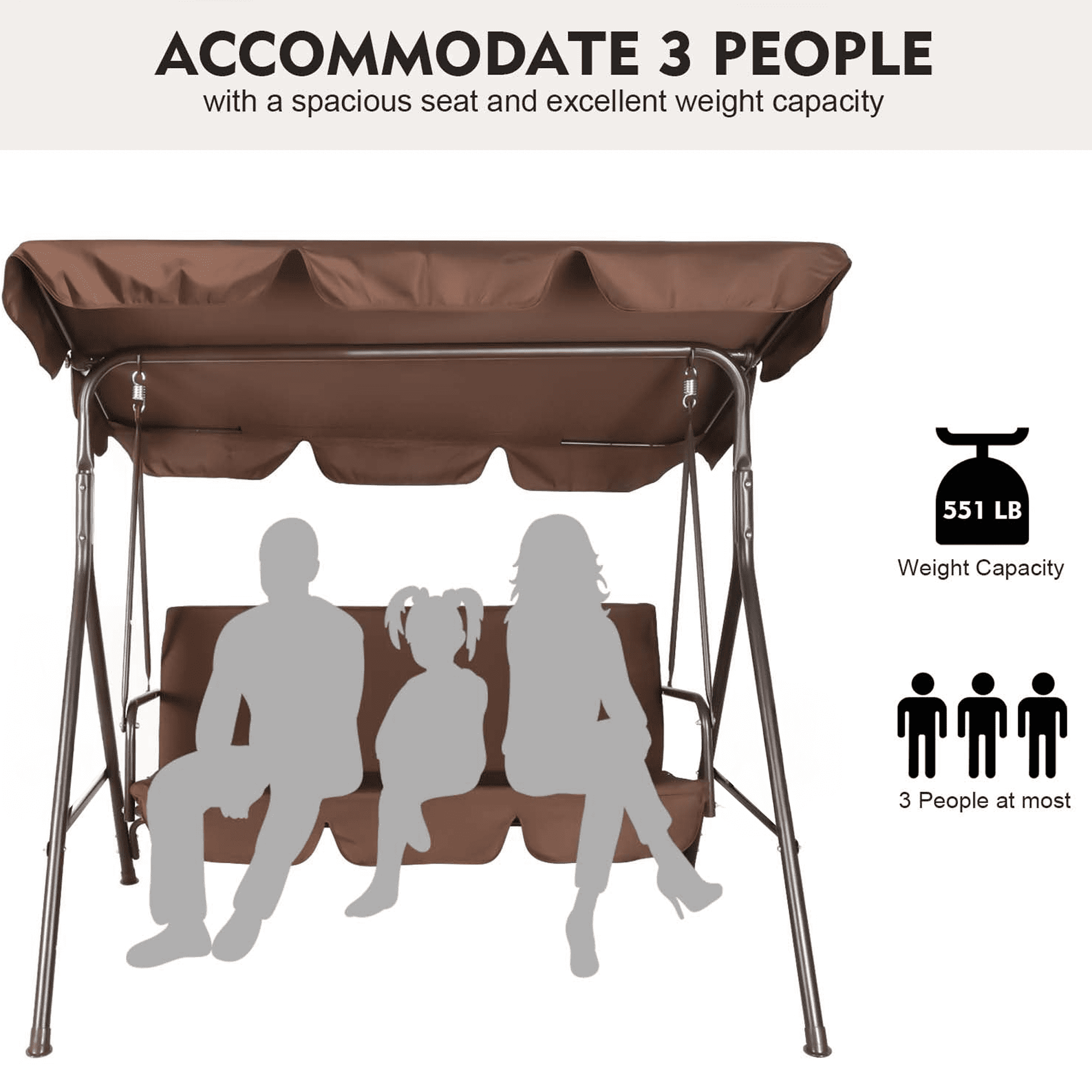 GVDV 3-Seat Porch Swing with Adjustable Canopy, Steel Frame