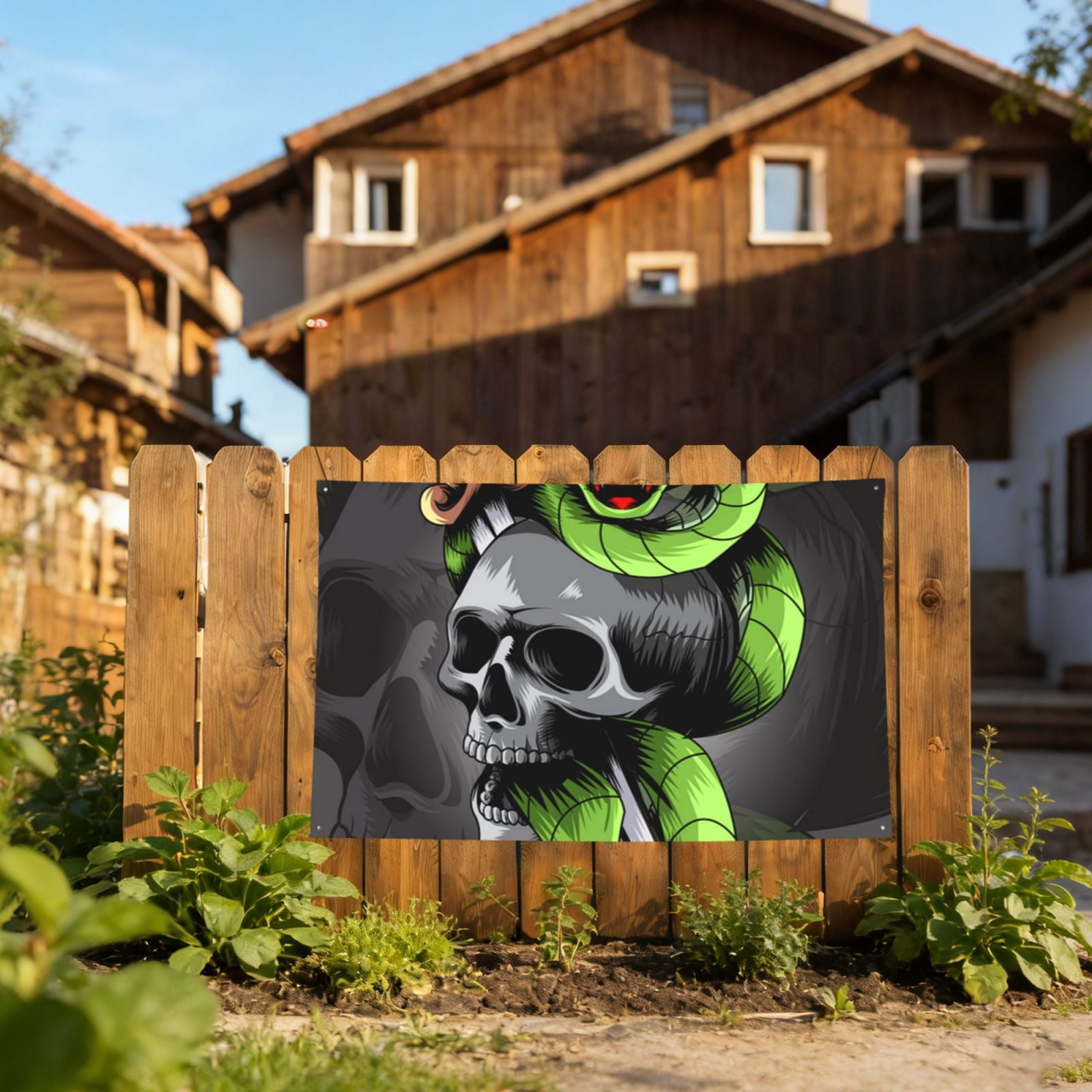 Sword Pierced Skull With Snake Four Hole Decorated Banner Flag for Garden Yard Home Decoration Indoor Outdoor 4x6 Ft