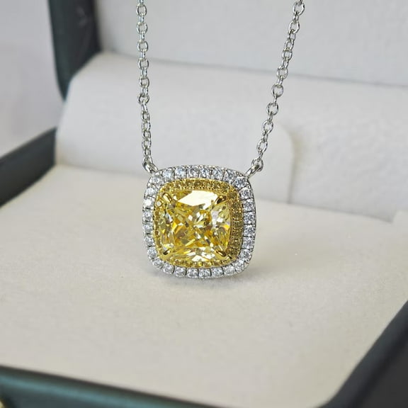 Radiant Jewelry Canary Yellow Diamond Necklace: Double Halo, Gold Plated S925 Silver