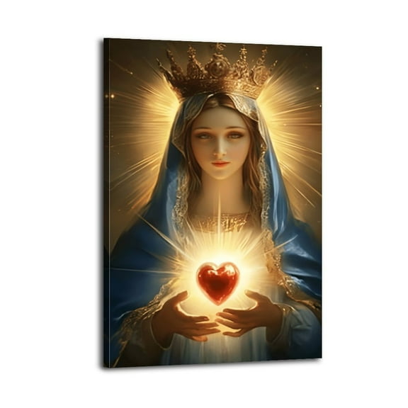 Sacred Heart The Virgin Mary Painting God Poster Wrapped Wooden Frame Wall Decor,,Canvas Wall Art for Living Room,Bedroom,Office,Ready to Hang