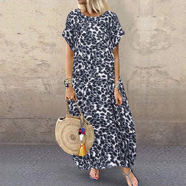 LOVZFMLL Robe Décontractée Mode Femme Imprimé Léopard Manches Courtes Col Rond Ample Gris 2TG
