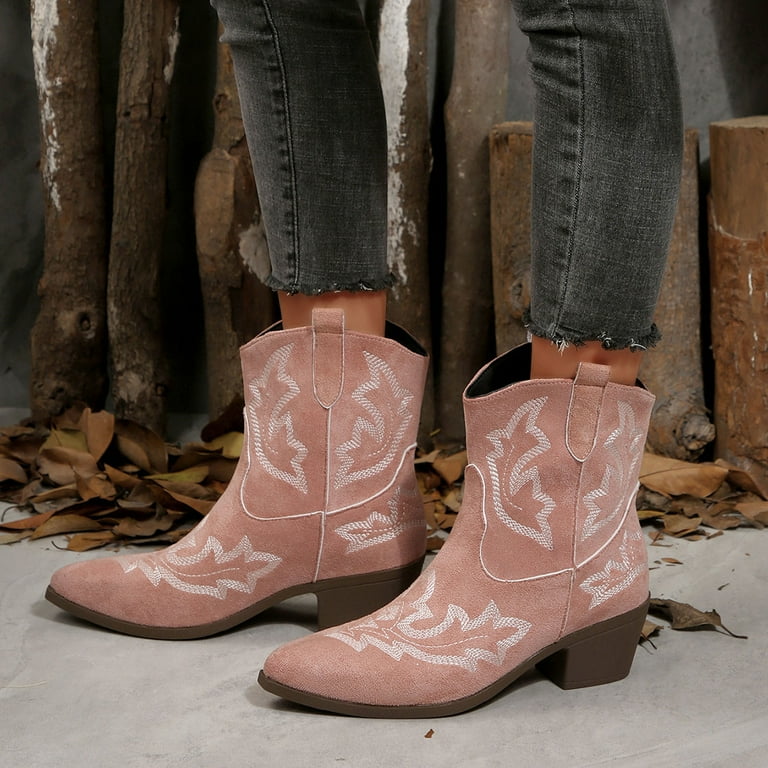 Womens Retro Cowboy Boots Vintage Suede Embroidered Wide Mid Calf Cowgirl  Boots Chunky Heel Slip on Short Dress Booties for Winter Fall Pink Size 8.5 