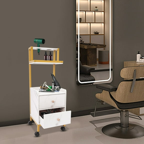 Two Storage Drawers Barber Cart W/4 Wheels Rolling Trolley Cart White and Gold