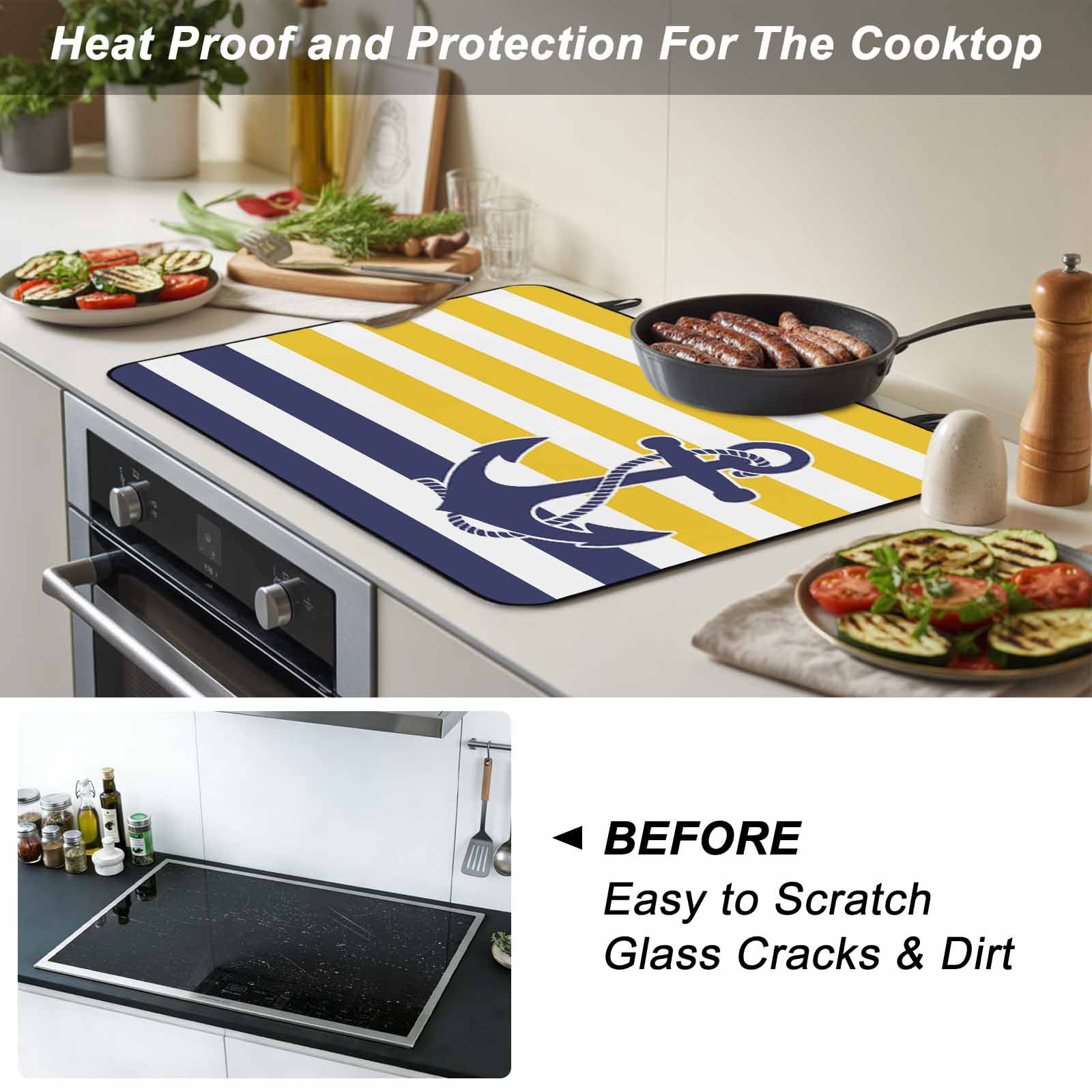 Yellow Striped Stove Top Cover for Electric Stove, Heat-proof & Non Slip Glass Top Stove Cover Protector, Navy Blue Nautical Anchor Geometric Kitchen Flat Cooktop Rubber Mat 24x21 Inches