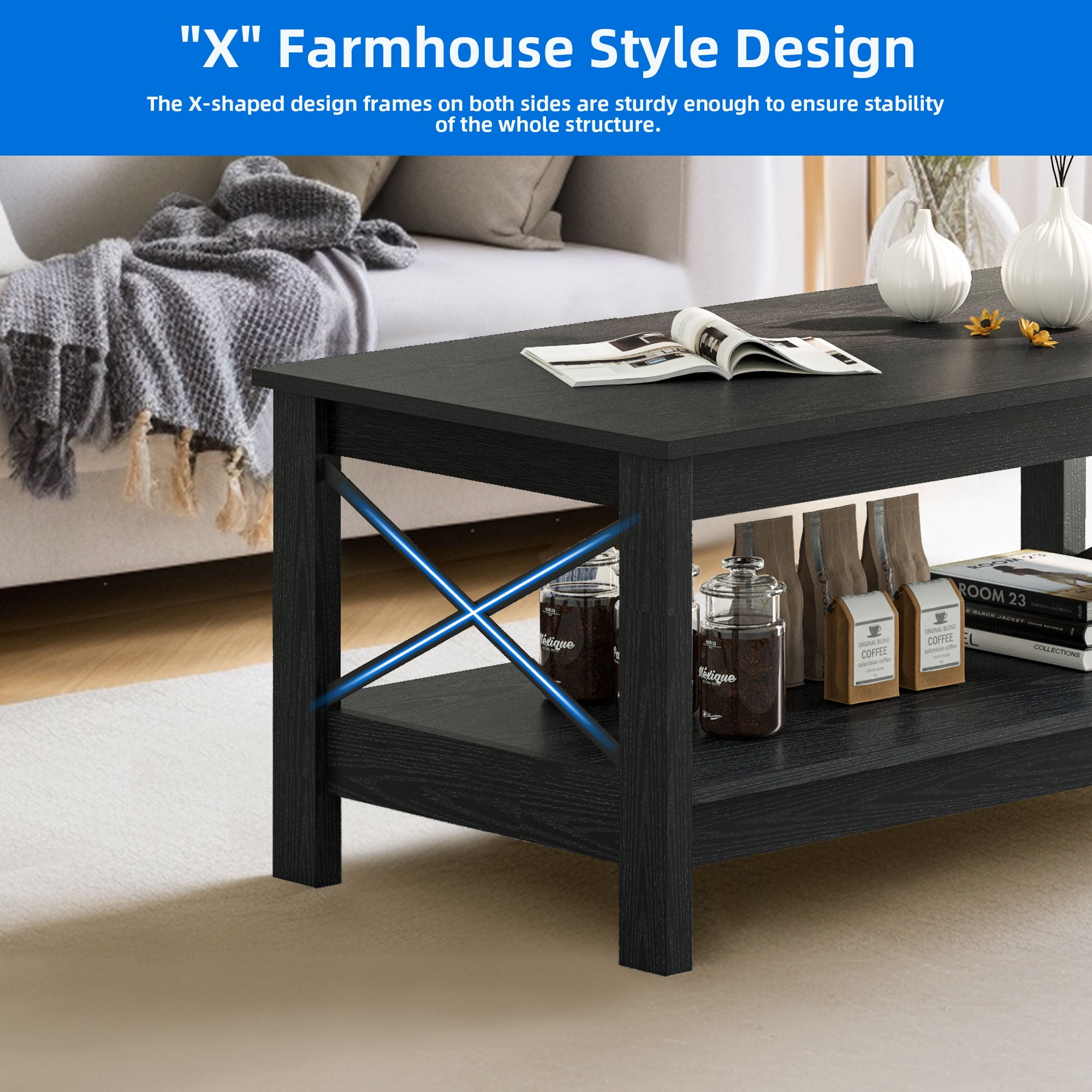 Dextrus Farmhouse Coffee Table with Open Storage Shelf, 2-Tier Thicken Wood Accent Cocktail Center Ends Table for Living Room Home Office, Black