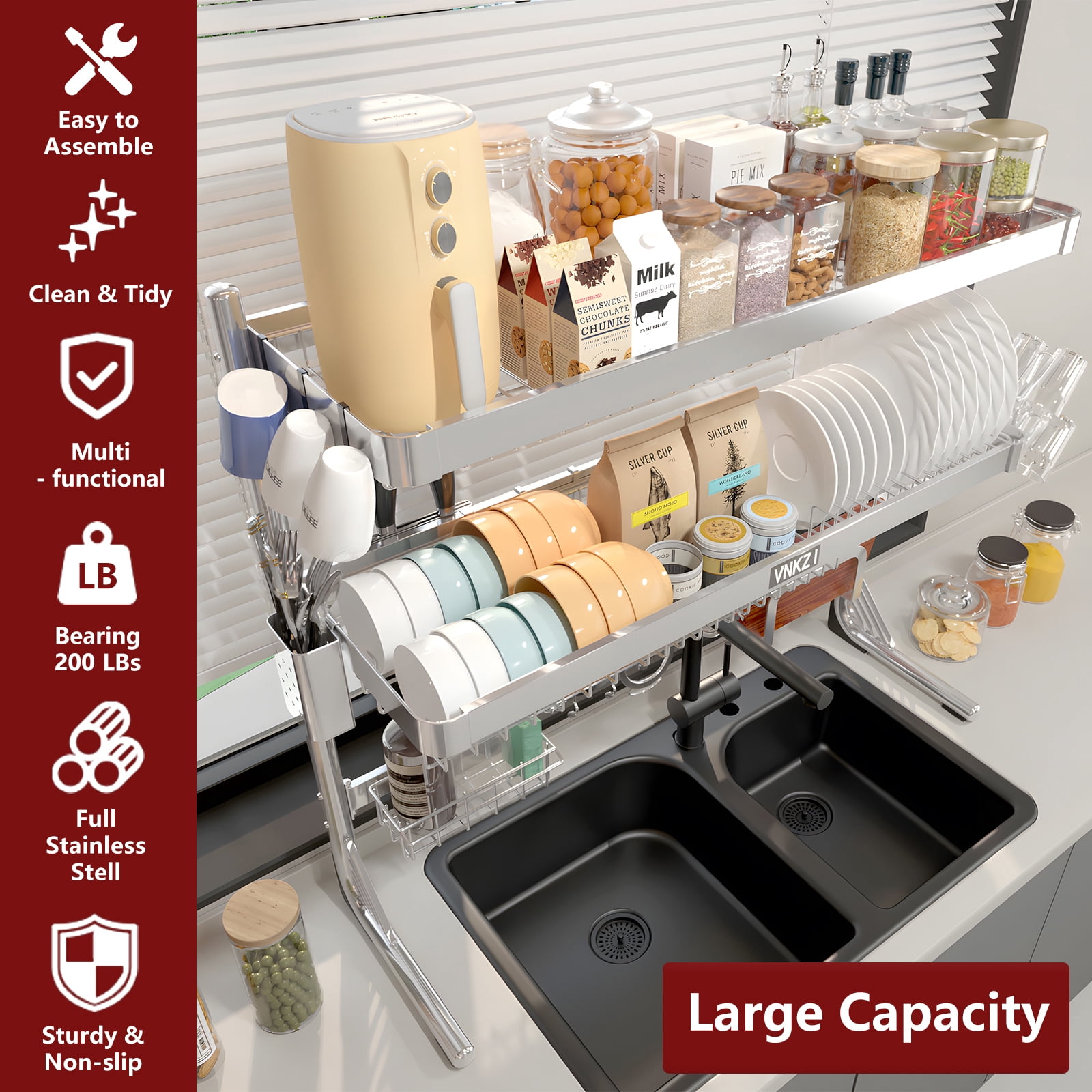 VNKZI Over Sink Dish Drying Rack, 3 Tier Full Stainless Steel Storage Adjustable Length (25.98'' to 36.61'') Kitchen Rack, Multifunctional Expandable Counter Organizer, Space Saver Dish Rack