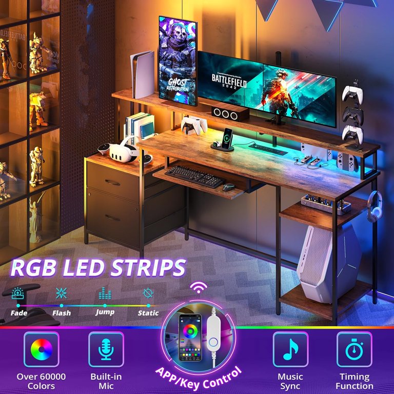 65in Computer Desk with File Cabinet and Storage Shelves for Home