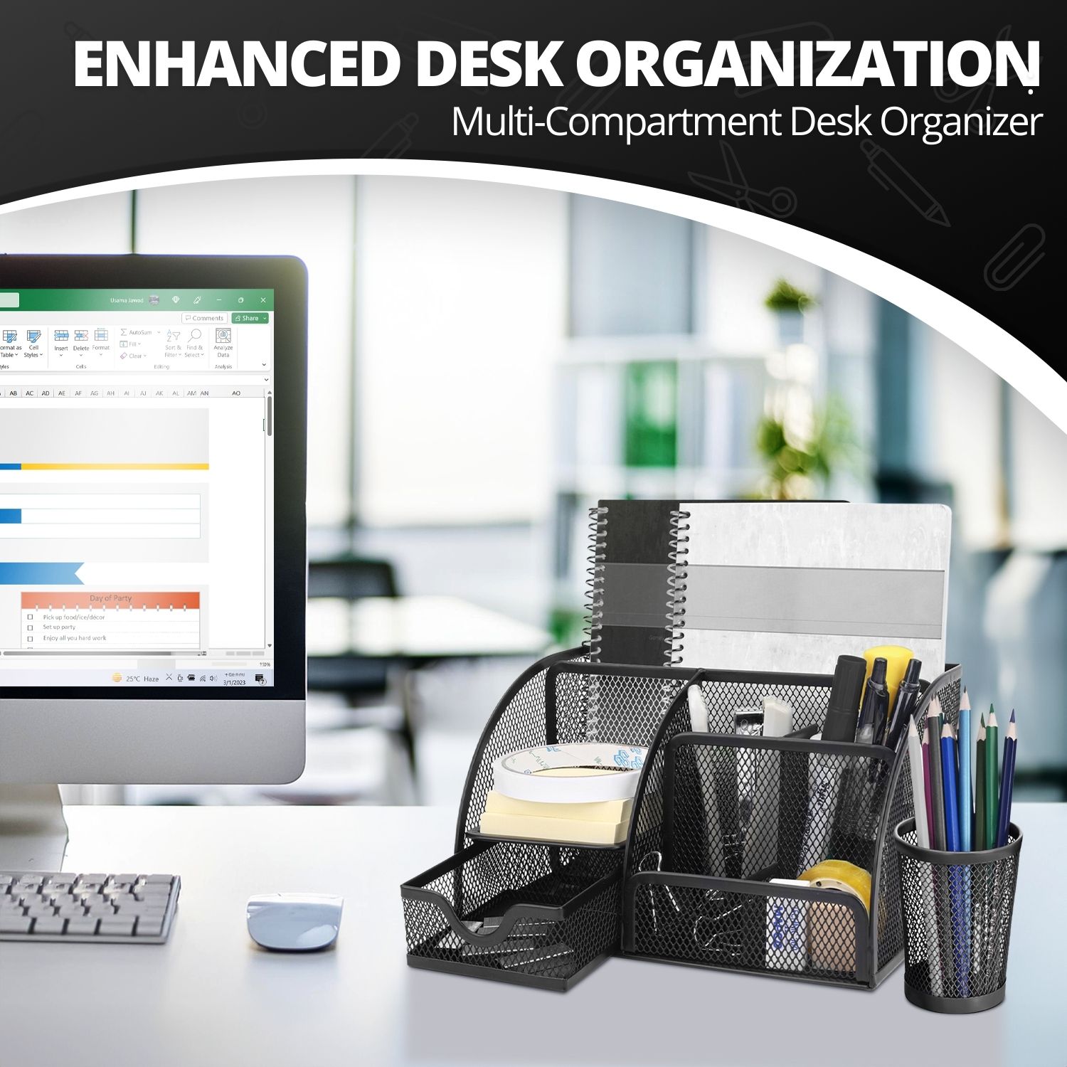 Desk Organizer Accessories Desktop Tabletop Sorter Shelf Pencil Holder Caddy Set (Black)