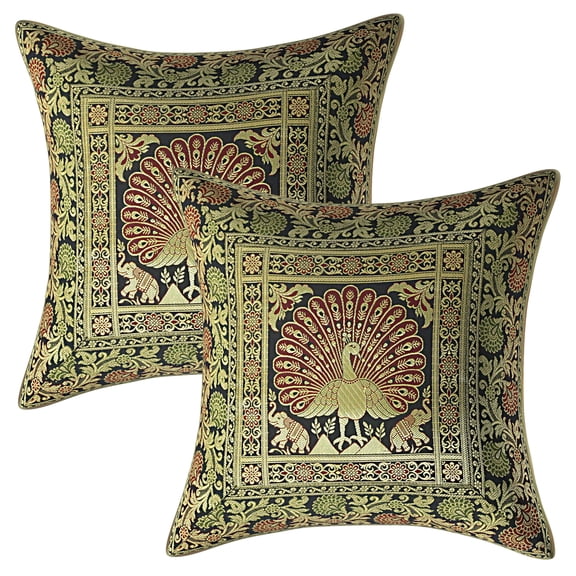 Stylo Culture Indian Christmas Brocade Black And Gold Throw Pillow Covers 16x16 Jacquard Weave Banarasi Floral Pillow Covers Dancing Peacock Floral 40x40 cm Decorative Cushion Covers (Set Of 2)