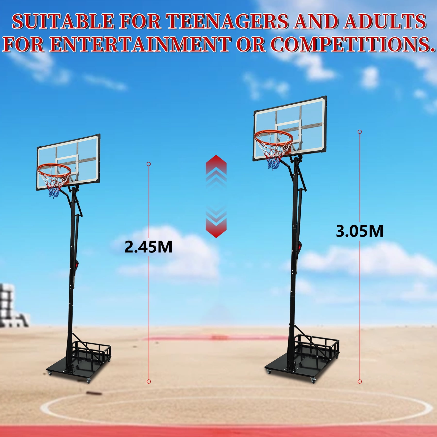 Portable Basketball Hoop, Adjustable Height 8.04 ft to 10.01 ft, 44 inch Backboard with Rebound System, Indoor/Outdoor Goal with Counterweight Bag, Wheels
