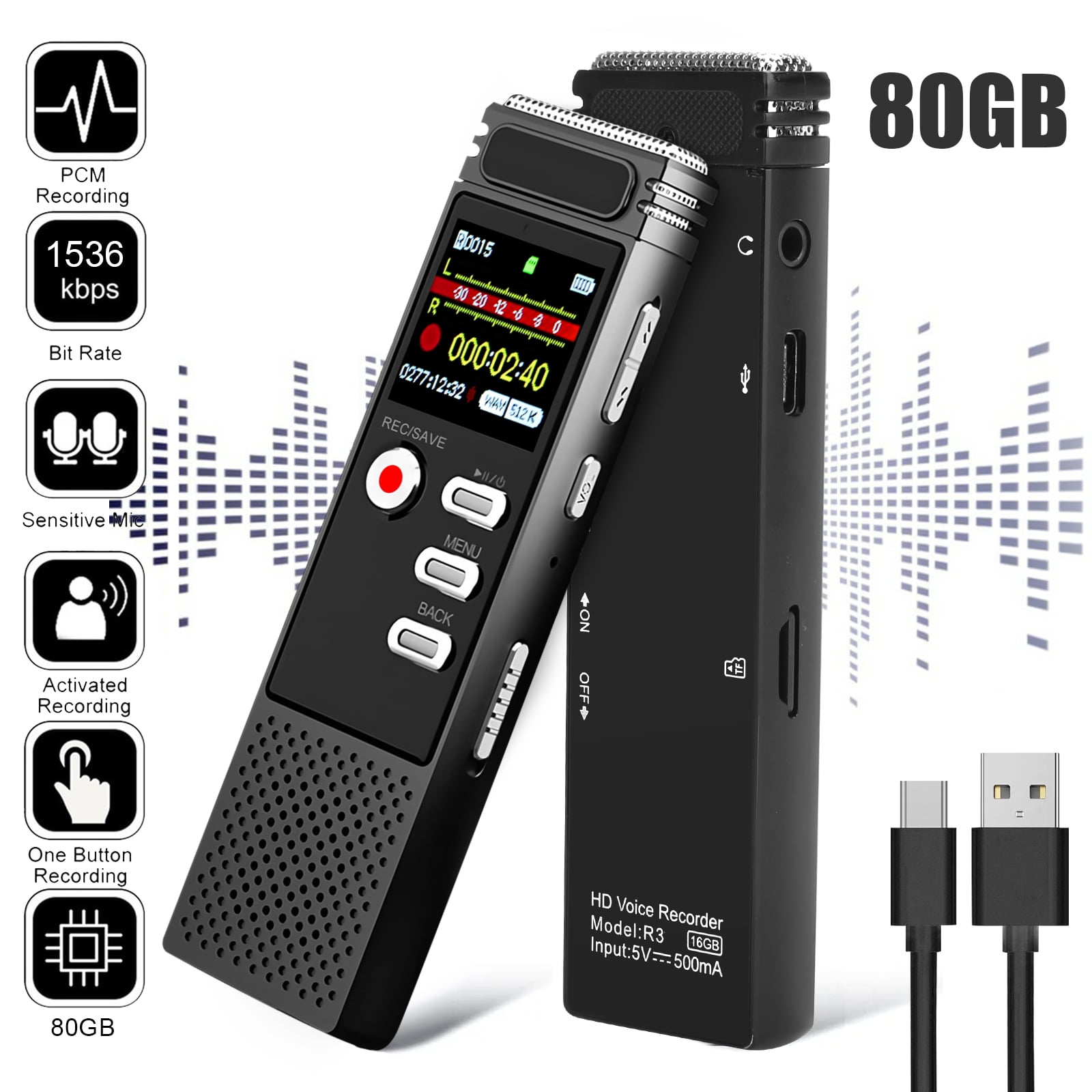 80GB Digital Voice Recorder, EEEkit Voice Activated Small Audio