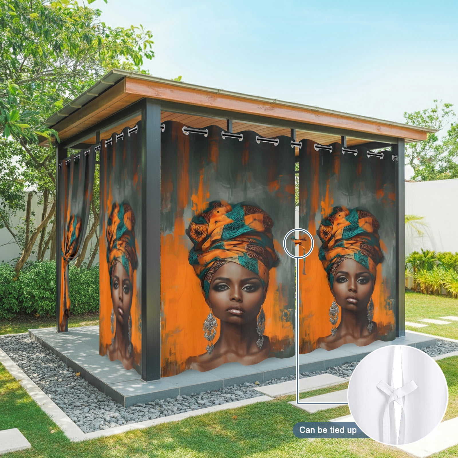 African Woman with Beauty Turban Outdoor Curtains for Patio, Portrait Orange Gray Graffiti Sunshade Privacy Drapes Grommet Waterproof Outside Curtains for Porch/Cabana/Balcony 54"x 108", 1 Panel