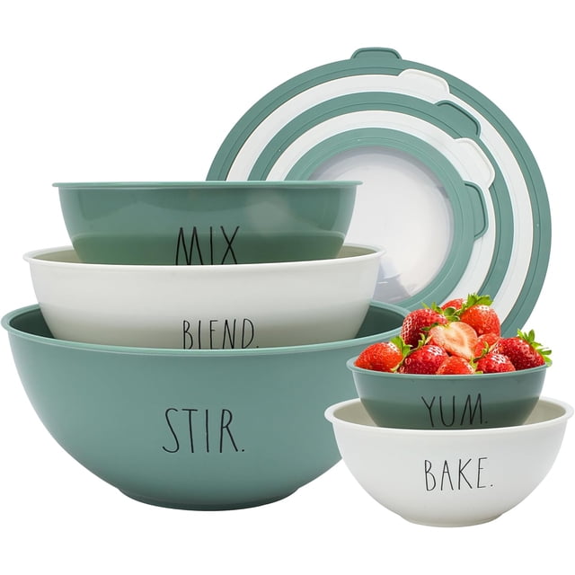 Rae Dunn Mixing Bowls with Lids - 10 Piece Plastic Nesting Bowls Set includes 5 Prep Bowls and 5 Lids (Sage)