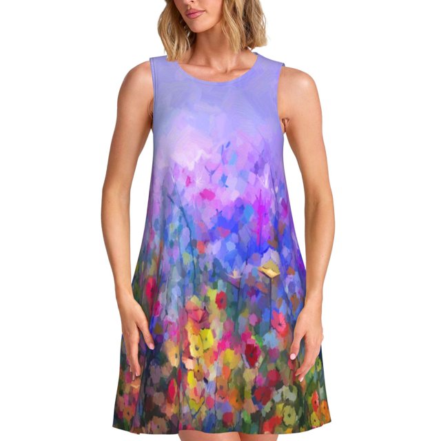 Balery Colorful Purple Cosmos Flower Vestidos de verano para mujer con estampado: vestido holgado sin mangas, vestido playero informal y cómodo para días calurosos.