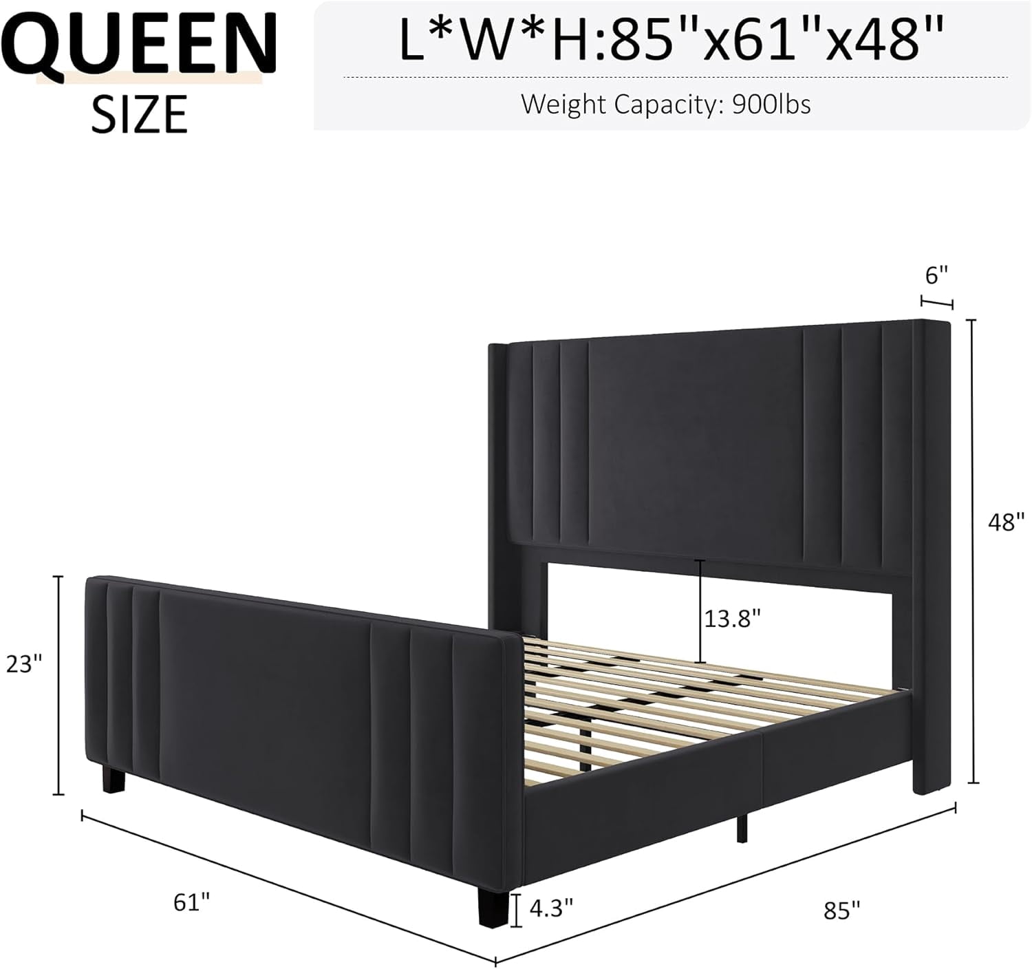 VanAcc King Size Bed Frame, Platform Bed with Velvet Upholstered Headboard & Footboard/Wingback, Mattress Foundation with Wood Slats, Light grey