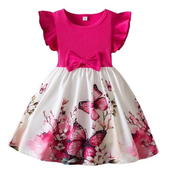 Little Summer Dresses For Girls Children Fly Sleeve Cartoon Prints Bowknot Clothes Going Out Dress Size 6-7T