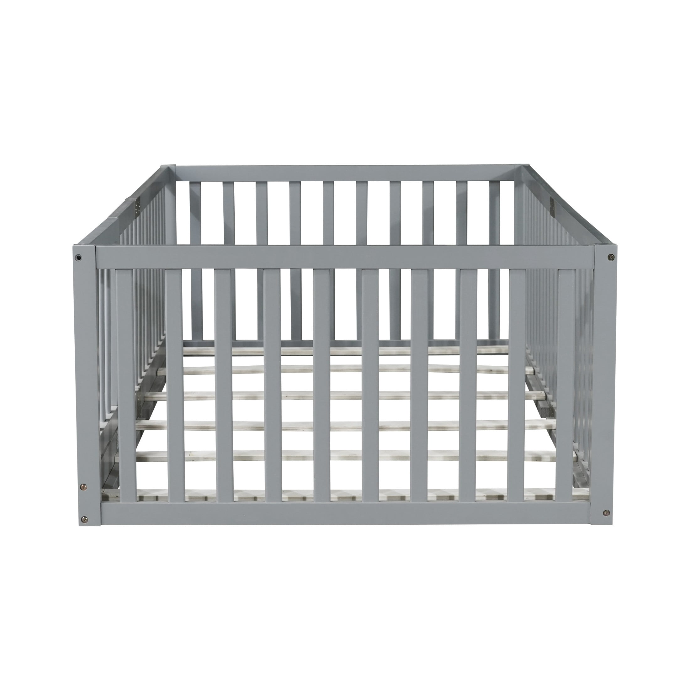 Noble House Nira Twin Floor Bed with High Fence and Door, Rubber Wood Montessori Bed Frame, Kids' Room, Gray