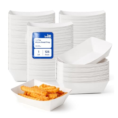 Fit Meal Prep [125 Pack 1 lb Paper Food Trays Heavy Duty Disposable Food Boats, White Nacho Tray for Parties Fairs Picnics Carnivals, Holds Sause Candies Nut Grease Resistant
