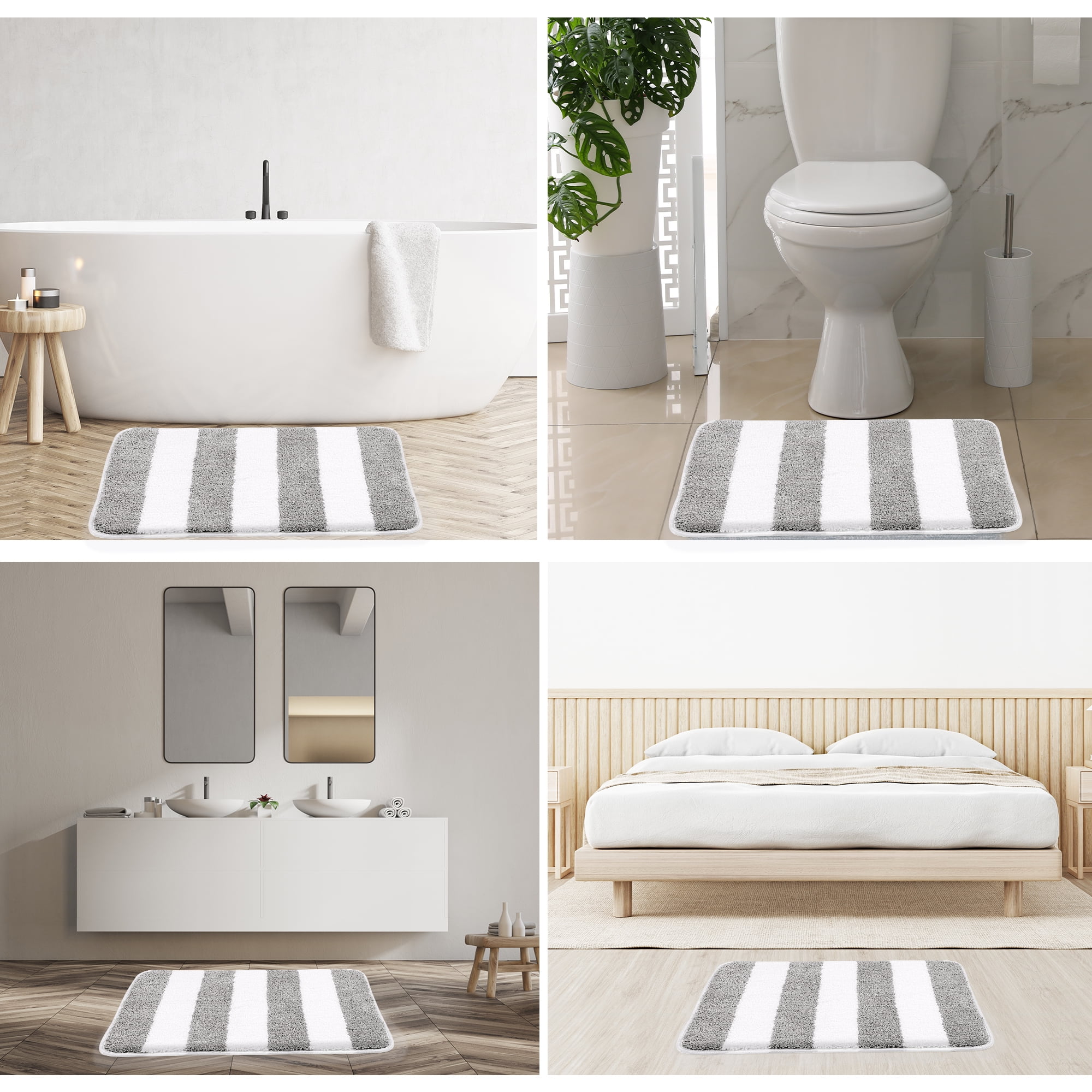 Unique Bargains Non Slip Microfiber Striped Bathroom Rugs Gray&White 20"x31"