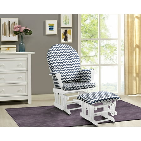 Angel Line Windsor Glider and Ottoman, White Finish with Navy Chevron Cushions