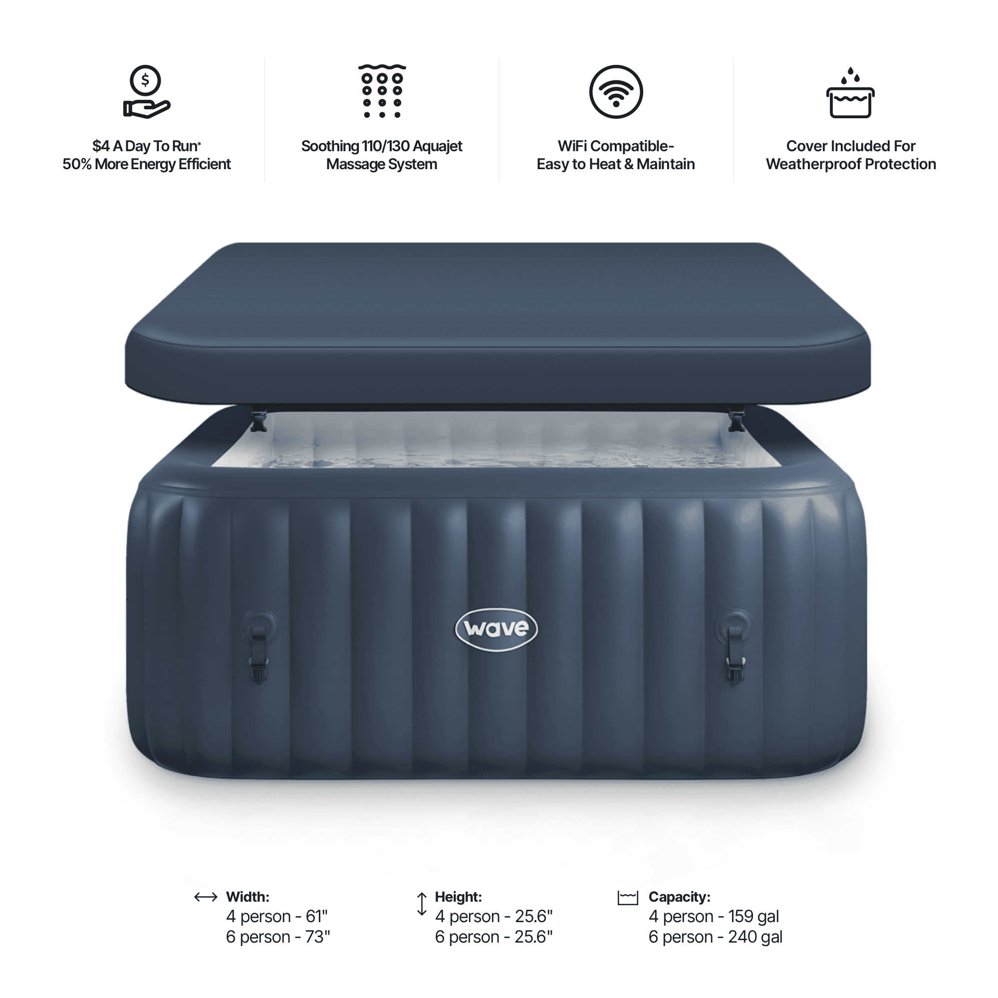 Wave Pacific 4-Person Square Inflatable Hot Tub | 110-Jet AquaJet, Heater | Navy