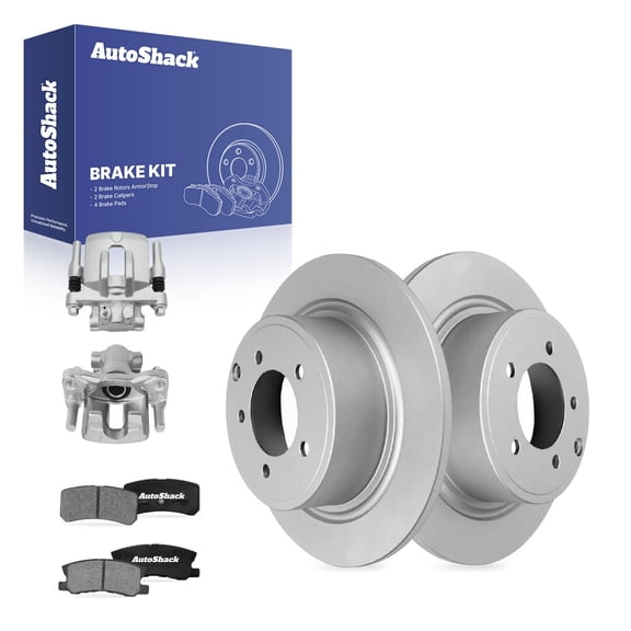 AutoShack Rear Solid Coated Brake Rotors   Ceramic Pads   Calipers 8-PC Brake Kit Replacement for 2008-2009 Dodge Caliber 2013-2015 Mitsubishi Lancer 2017 Mitsubishi Lancer ArmorStop 11.89" (302 mm)