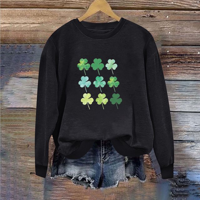 Jsaierl Chandails en Molleton pour Femmes Jour de la Saint-Patrick Imprimé Trèfle Chanceux Pulls Décontractés Manches Longues Col Rond Hauts Tendance Chandail en Molleton de Vacances