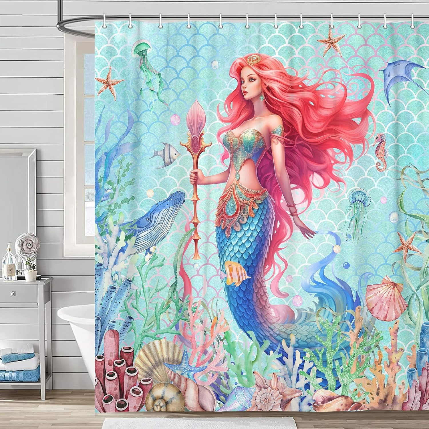 Ocean Coastal Mermaid Shower Curtain, Cute Sea Animals Octopus Jellyfish Seashell Beach Theme Shower Curtain Kids Girls Bathroom Set, Sea Underwater Nautical Shower Curtain with Hook, 70X70 Teal Blue