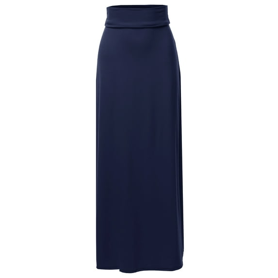 A2Y Women's Basic Foldable High Waist Floor Length Maxi Skirts Navy 2XL
