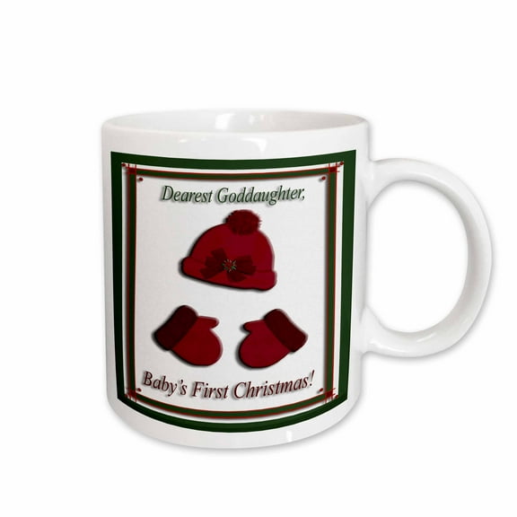 3drose, Red Cap and Mittens Babys First Christmas Goddaughter Poinsettia Bow, 11oz Mug