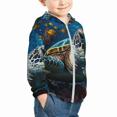 

Uemuo Ocean Coral Turtle Pattern Rash Guard for Boys Girls Long Sleeve Swim Shirts UPF 50+ UV Sun Protection Hooded Fishing Shirt with Pocket for Kid-3 Years