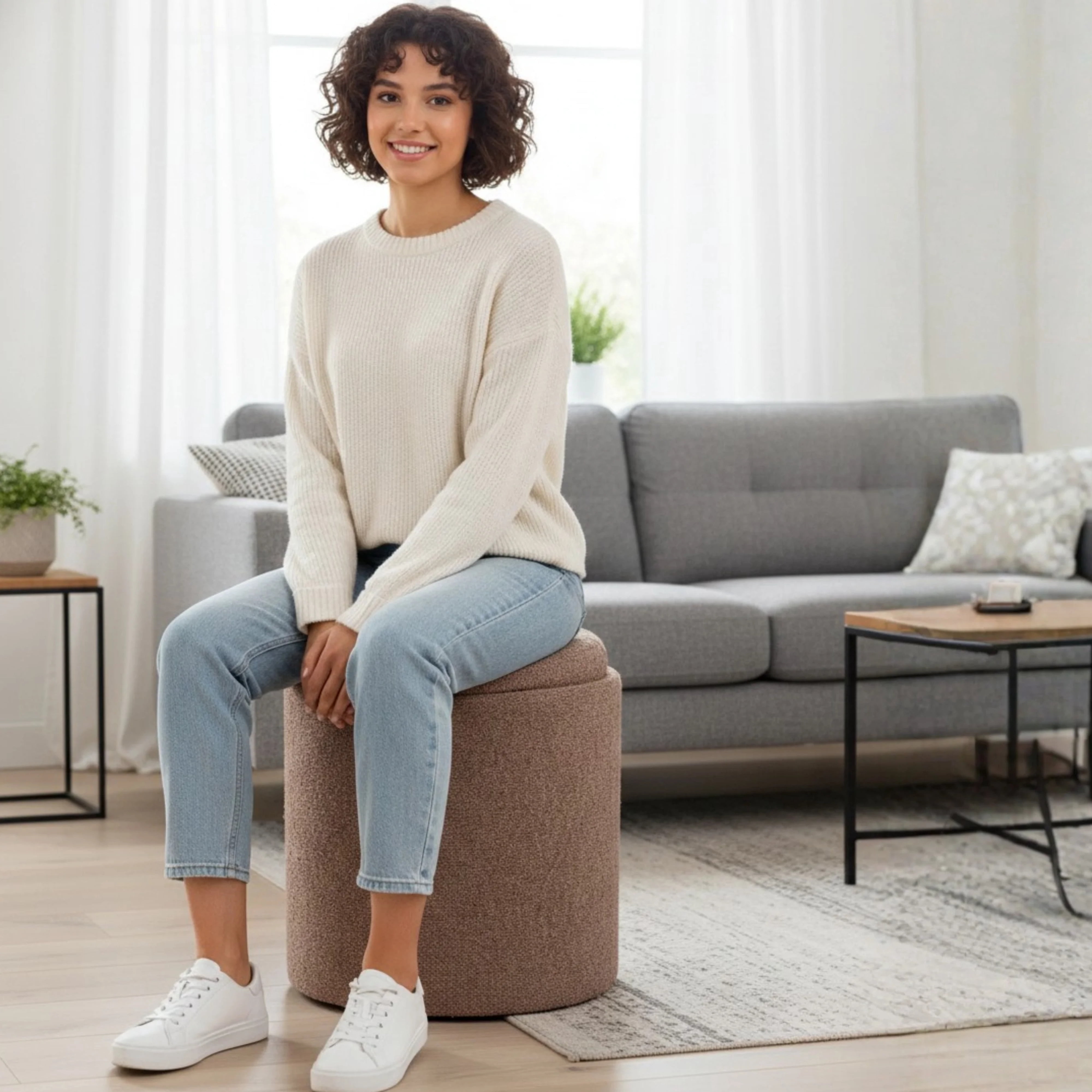 Aria Home Plush Boucle Tray Top Storage Ottoman, Modern Accent Seating & Organizer, Brown