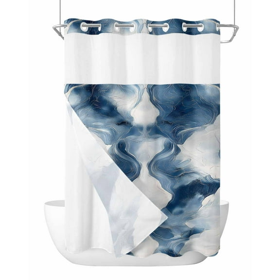 No Hook Shower Curtains with Snap in Liner, Blue White Wave Abstract Waterproof Fabric Shower Curtain, Artwork Modern Waves Double Layers & See-Through Top Window Bathroom Curtains 72''x84''