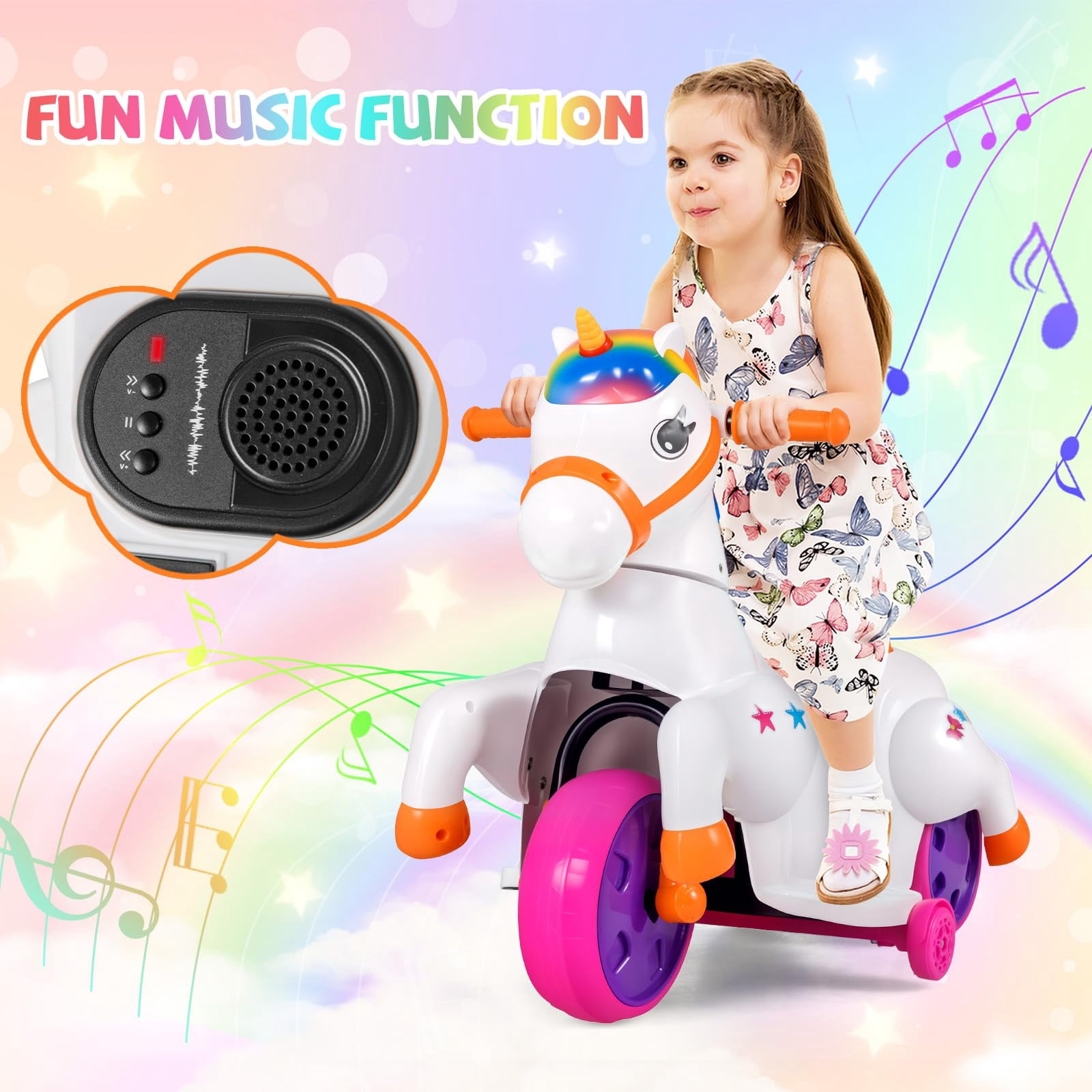 12V Unicorn Ride on Toys, 3-Wheeler Battery Powered Motorized Ride on Horse with Training Wheels, Rainbow Unicorn
