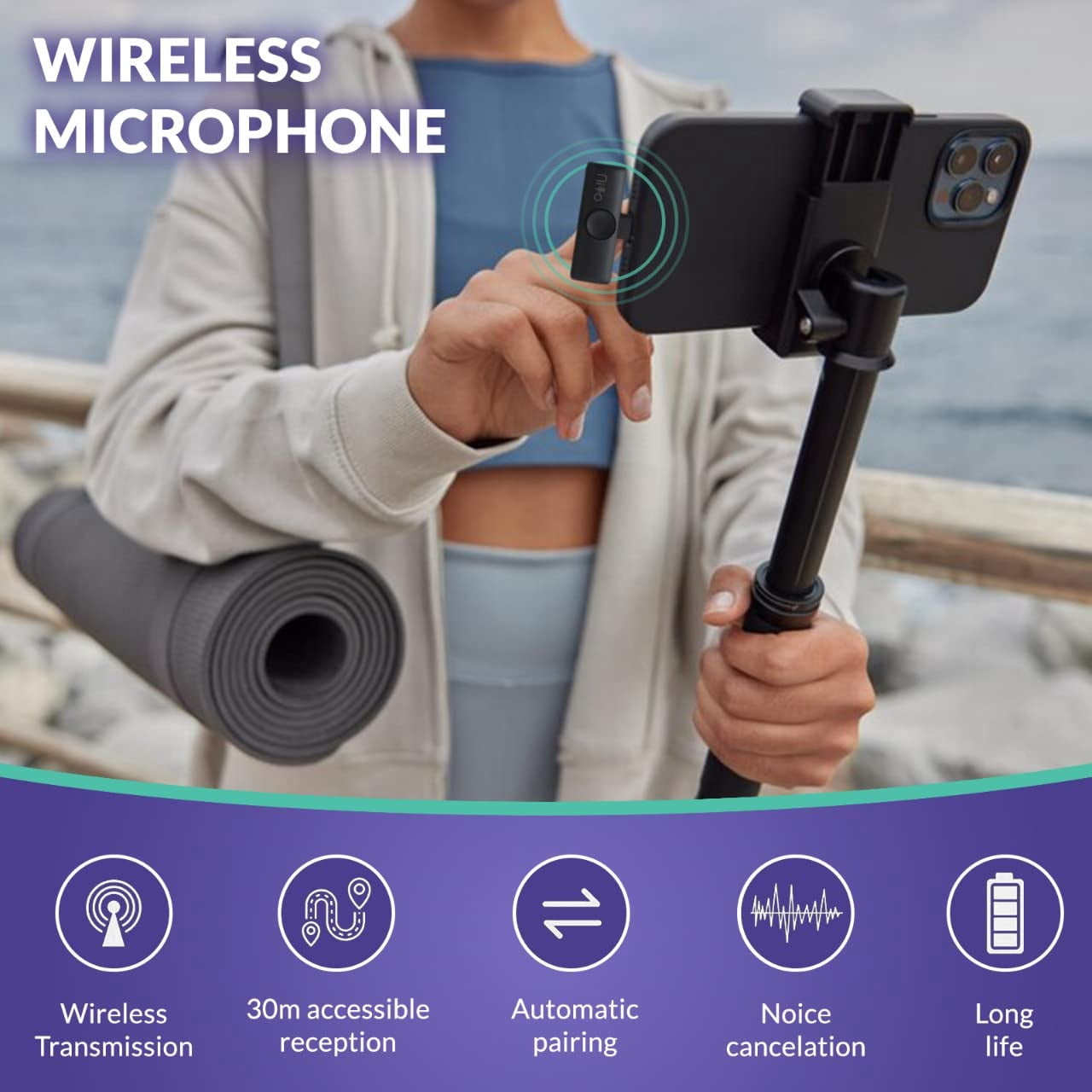 Niyo Wireless Lapel Microphone - Professional Video Recording Mic, Lightweight Lapel Mic for iPhone, Noise Reduction Clip-on Microphones for Video Bloggers, Interviewers, Content Creators (White)