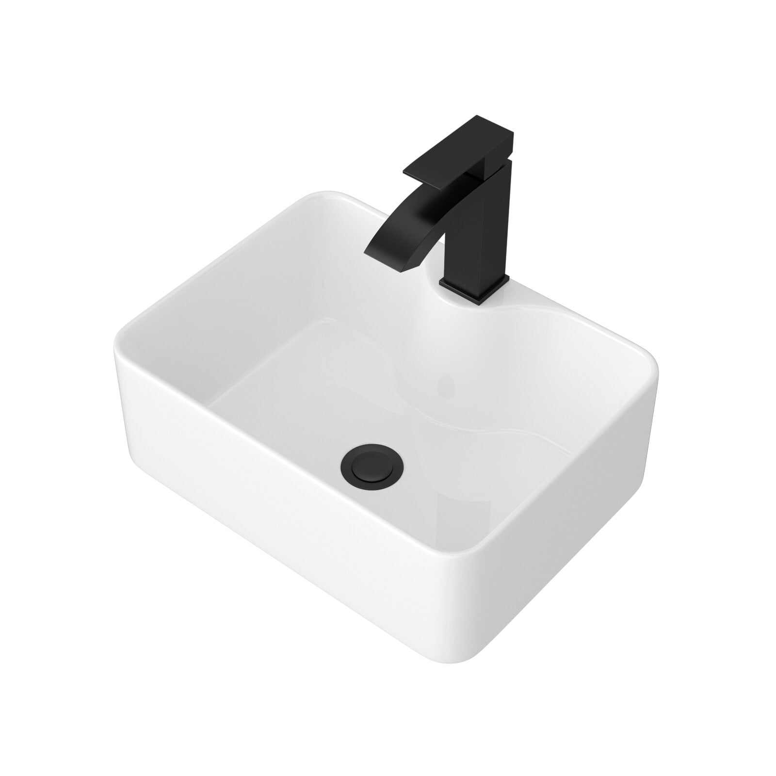 Modern Bathroom Vanity 16"x12" White Ceramic Rectangular Vessel Bathroom Sink with Black Faucet & Black Drain,Wooden Bathroom Vanity