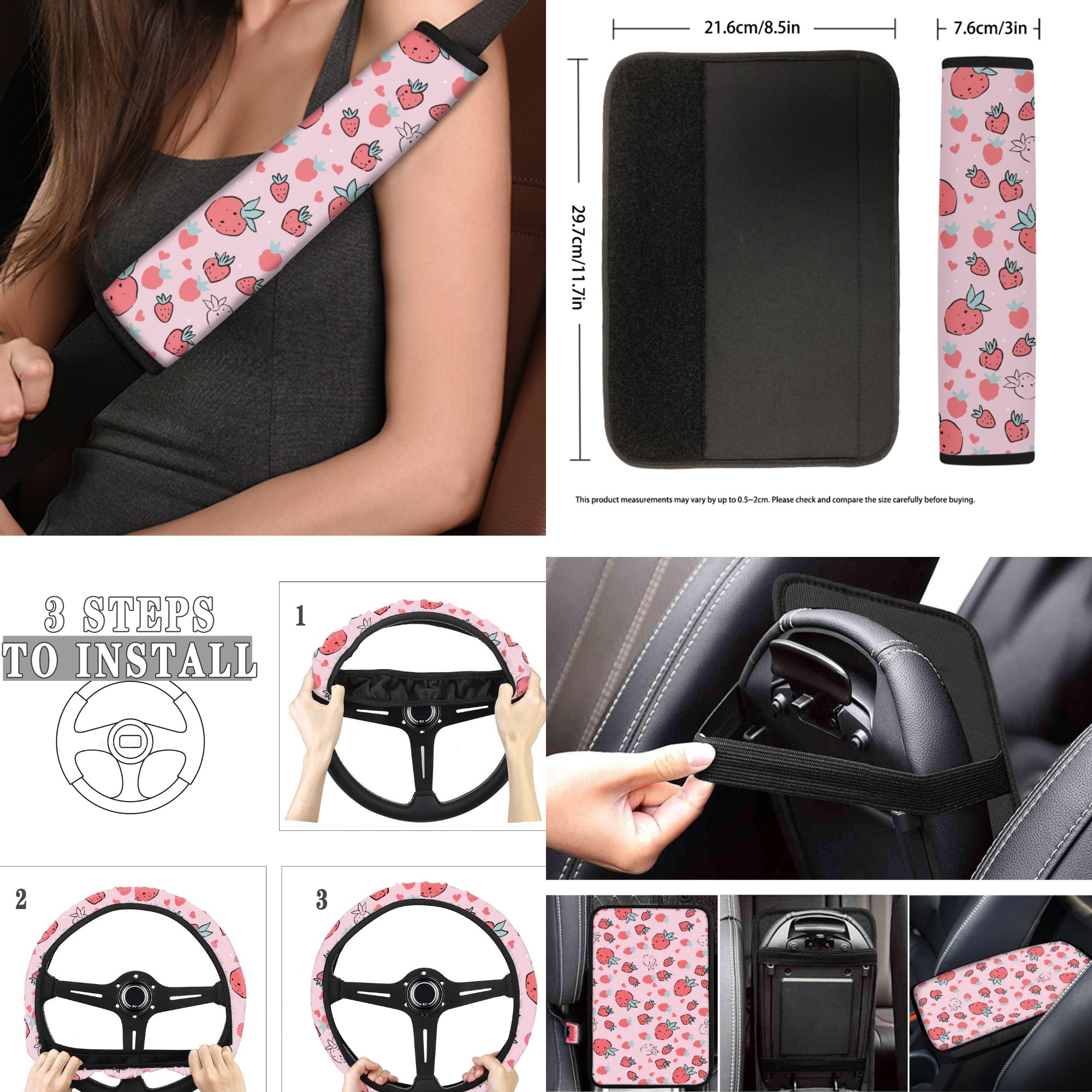 Jeiento Pink Strawberry Car Accessories Full Set for Women, Automotive Vehicle Seat Cover, Decorative Car Floor Mat Steering Wheel Cover Center Console Pad Universal Fit for SUV Van Truck Sedan