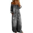 thumbnail image 4 of Off-Shoulder Denim Jumpsuit for Women, Long Sleeve Button Front Wide Leg Romper with Pockets - Washed Casual Playsuit Gray S, 4 of 6