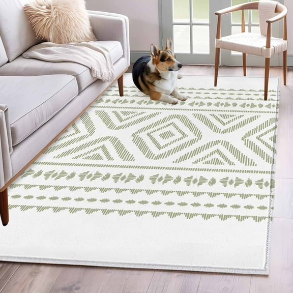 Boho Sage Green Geometric Area Rug 4x6 Washable Rug Non Slip Vintage Southwestern Stripes Large Area Rug Indoor Floor Carpet for Entryway Bedroom Kitchen Living Room Home Office Dining Room Nursery