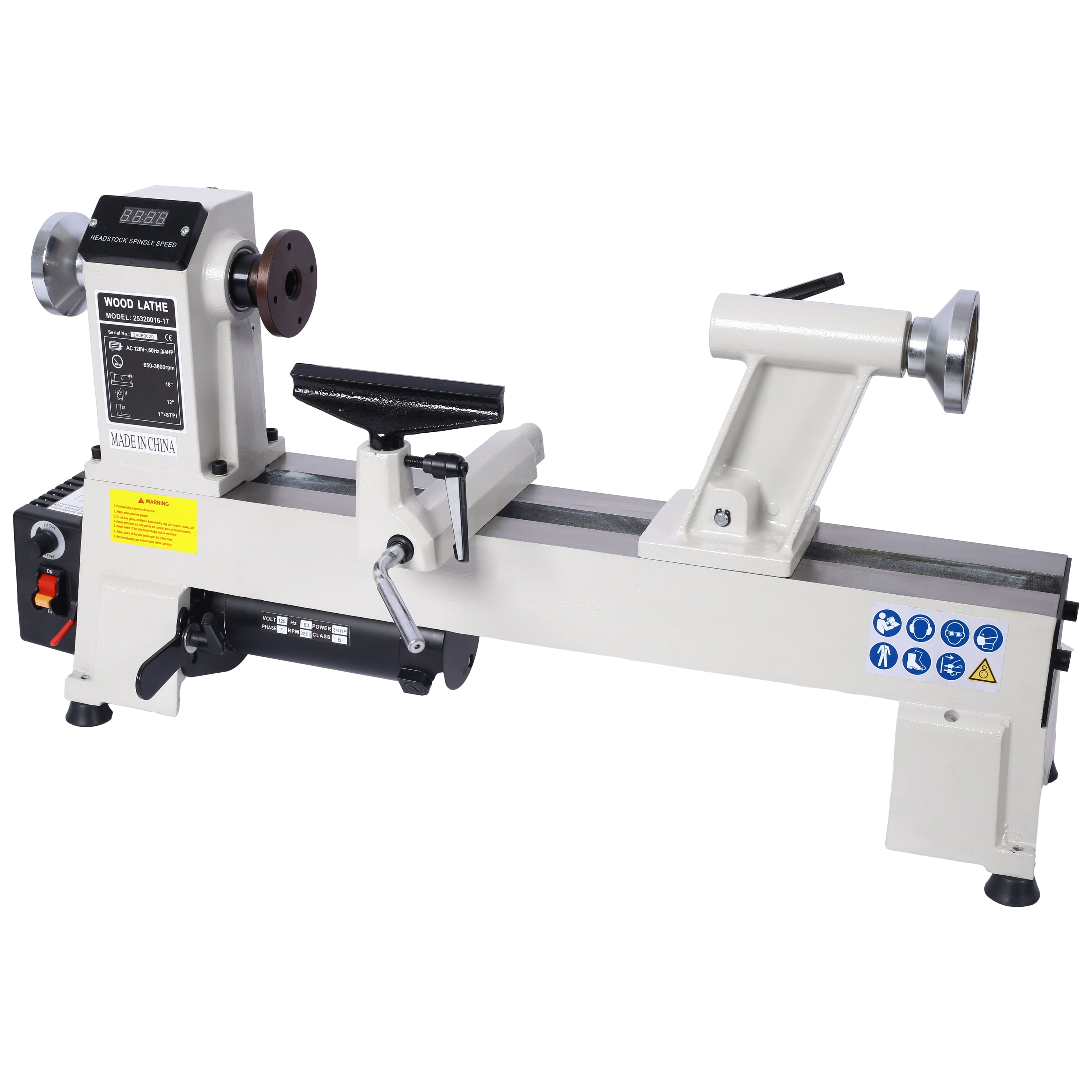Wood Lathe, 18" Distance Between Centers, 12" Swing Over Bed, Variable Speed 650-3800 RPM, Digital Display
