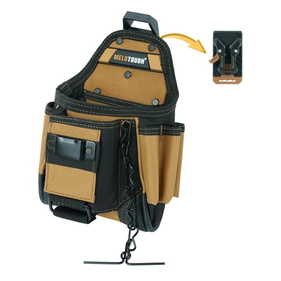 MELOTOUGH Small Electrician Tool Pouch With Belt Clip Attachment - 9 Pockets Tradesman Bag With Tape Thong - Holster for Electricians
