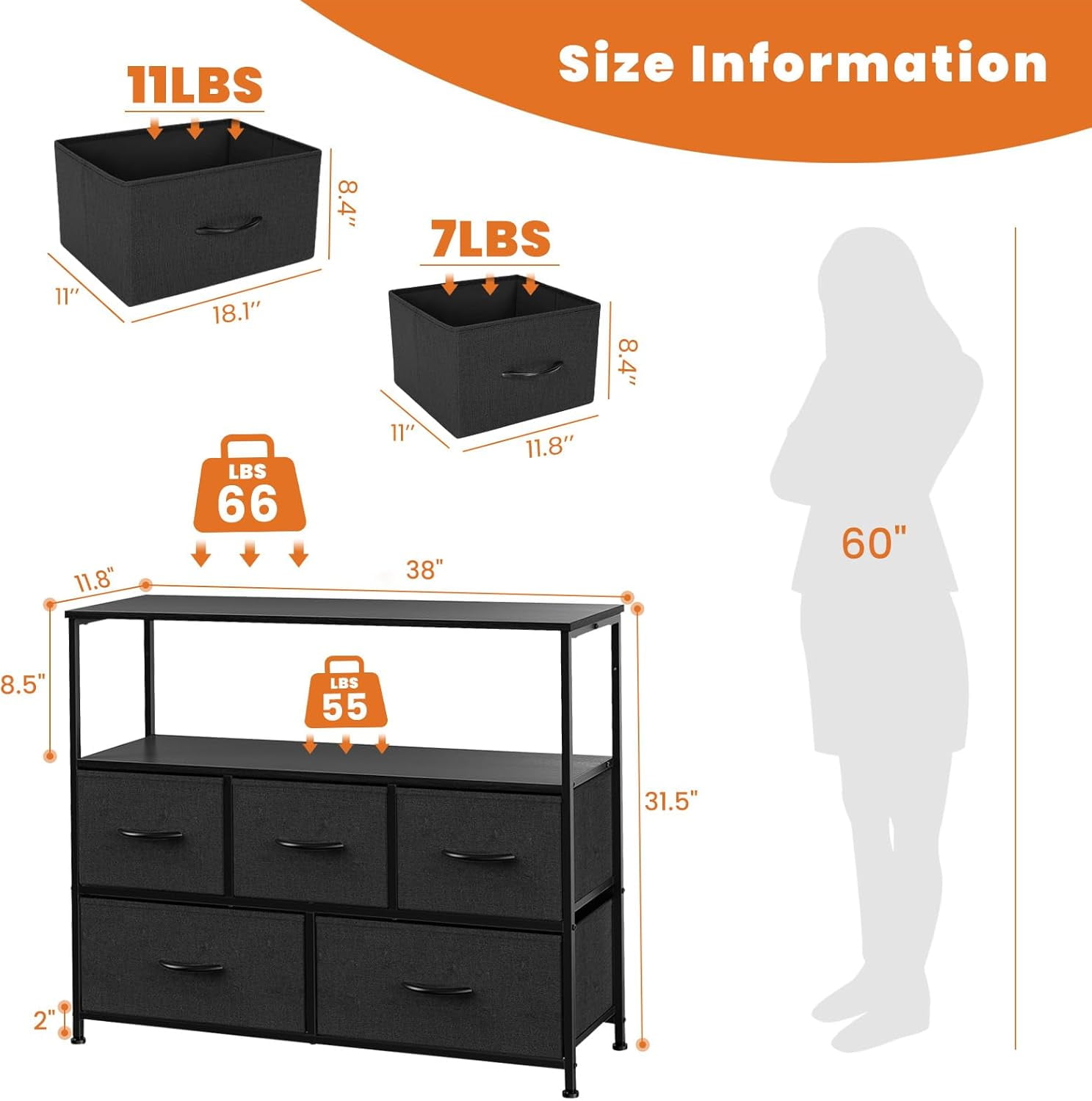 Bigleap TV Stand for Bedroom, TV Dresser for 45 inches, Media Console Table, Entertainment Center with 5 Fabric Drawers Cabinet and Open Storage Shelf Furniture Cabinet for Living Room, Black