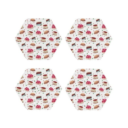 

Fuzoiu Birthday Cake Print Leather Coasters Set Drink Coasters Set of 4 for Tabletop Protection Durable PVC Coasters Home Décor and Housewarming Gift-Hexagon
