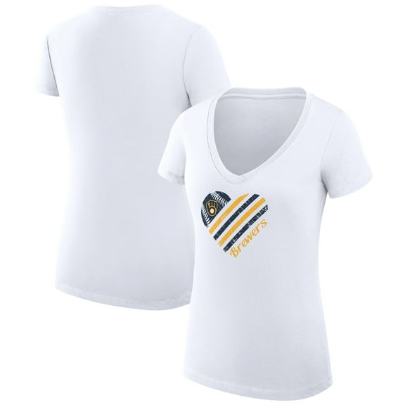 Women's G-III 4Her by Carl Banks  White Milwaukee Brewers Super-Slim Fit Lightweight Heart V-Neck T-Shirt