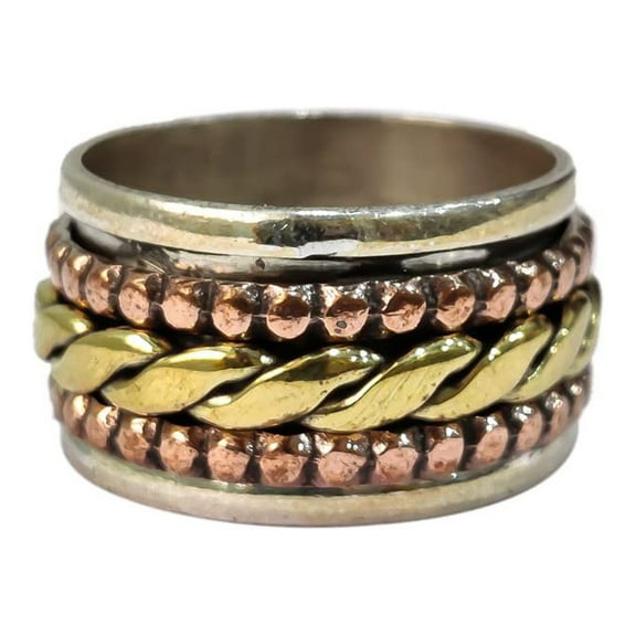 Twisted Spinner Band, Bohemian Ring, 925 Sterling Silver Ring, Spinning Thumb Ring, Three Tone Ring, Fidget Ring, Handmade Jewelry, Christmas Oxidized, Brass Copper Band, Anxiety Ring, Mans Band Gifts